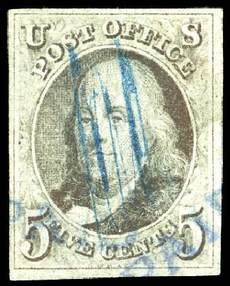 Cost of US Stamp Scott # 1: 5c 1847 Franklin. Matthew Bennett International, Dec 2008, Sale 330, Lot 1318