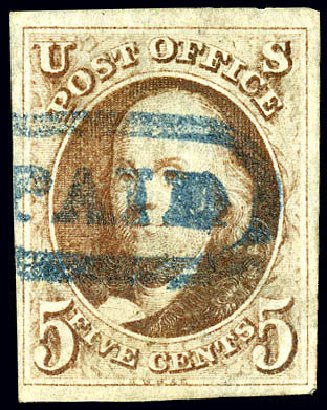 Value of US Stamp Scott Cat. 1 - 5c 1847 Franklin. Matthew Bennett International, Dec 2008, Sale 330, Lot 1328