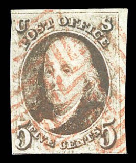 Prices of US Stamps Scott Catalogue #1 - 1847 5c Franklin. Matthew Bennett International, Sep 2010, Sale 333, Lot 3238