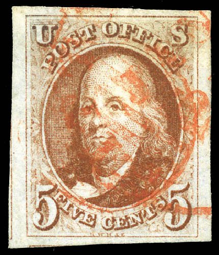 Prices of US Stamps Scott 1: 5c 1847 Franklin. Matthew Bennett International, Mar 2011, Sale 336, Lot 1098