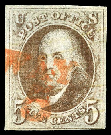 US Stamps Prices Scott Cat. # 1: 1847 5c Franklin. Matthew Bennett International, Mar 2012, Sale 344, Lot 4178