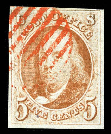 US Stamp Value Scott Catalogue # 1 - 1847 5c Franklin. Matthew Bennett International, Mar 2012, Sale 344, Lot 4188