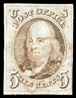 Prices of US Stamps Scott Cat. 1 - 5c 1847 Franklin. Matthew Bennett International, Feb 2015, Sale 351, Lot 8