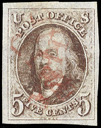 US Stamp Prices Scott #1: 1847 5c Franklin. Cherrystone Auctions, Nov 2010, Sale 201011, Lot 8