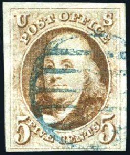 Values of US Stamp Scott Catalogue # 1 - 1847 5c Franklin. Harmer-Schau Auction Galleries, May 2014, Sale 101, Lot 108