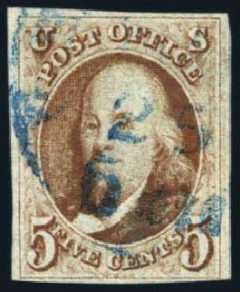 Value of US Stamp Scott Catalogue 1: 5c 1847 Franklin. Harmer-Schau Auction Galleries, Aug 2014, Sale 102, Lot 1598