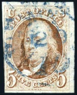 US Stamp Value Scott Catalogue 1 - 1847 5c Franklin. Harmer-Schau Auction Galleries, Oct 2009, Sale 83, Lot 258