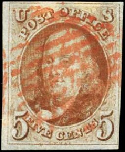 Costs of US Stamp Scott Catalog # 1: 1847 5c Franklin. Harmer-Schau Auction Galleries, Feb 2012, Sale 92, Lot 748