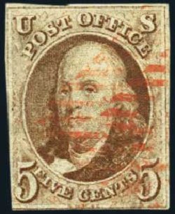 US Stamps Values Scott Cat. #1 - 1847 5c Franklin. Harmer-Schau Auction Galleries, May 2012, Sale 93, Lot 238