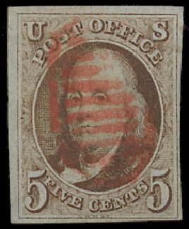 US Stamp Values Scott 1 - 5c 1847 Franklin. Daniel Kelleher Auctions, Jan 2012, Sale 628, Lot 198
