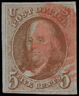 US Stamp Value Scott Catalogue # 1 - 1847 5c Franklin. Daniel Kelleher Auctions, Apr 2012, Sale 629, Lot 138