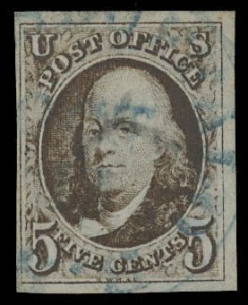 Costs of US Stamp Scott Cat. 1 - 5c 1847 Franklin. Daniel Kelleher Auctions, Jun 2012, Sale 630, Lot 1198