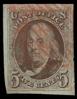 Values of US Stamps Scott Catalog #1 - 1847 5c Franklin. Daniel Kelleher Auctions, Oct 2012, Sale 632, Lot 918