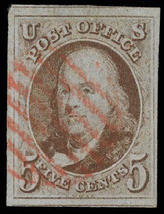 US Stamps Prices Scott Catalogue #1: 5c 1847 Franklin. Daniel Kelleher Auctions, Feb 2013, Sale 634, Lot 508