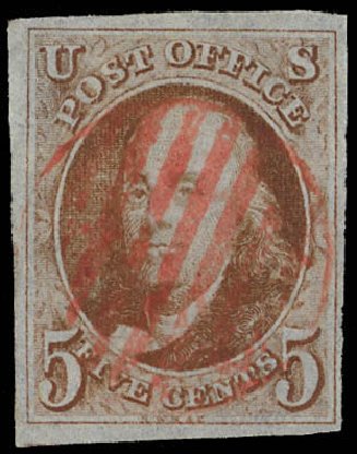 Value of US Stamp Scott Catalog #1 - 5c 1847 Franklin. Daniel Kelleher Auctions, Feb 2013, Sale 634, Lot 518