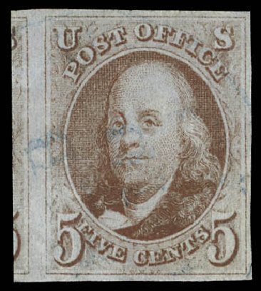 Values of US Stamp Scott #1: 1847 5c Franklin. Daniel Kelleher Auctions, Feb 2013, Sale 634, Lot 538