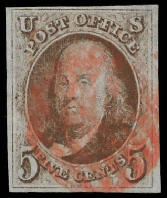 US Stamp Value Scott Catalog 1: 5c 1847 Franklin. Daniel Kelleher Auctions, Feb 2013, Sale 634, Lot 548