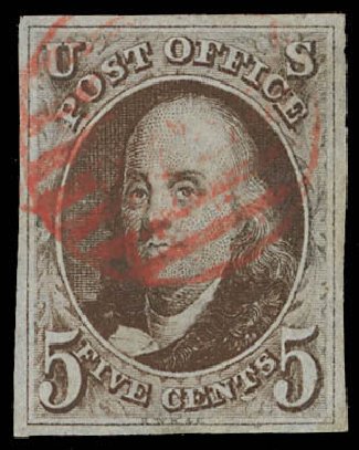 Values of US Stamps Scott Cat. 1 - 5c 1847 Franklin. Daniel Kelleher Auctions, Feb 2013, Sale 634, Lot 558