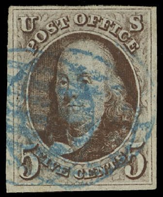 Values of US Stamp Scott #1 - 1847 5c Franklin. Daniel Kelleher Auctions, Feb 2013, Sale 634, Lot 728