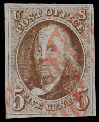 Prices of US Stamps Scott # 1: 1847 5c Franklin. Daniel Kelleher Auctions, Feb 2013, Sale 634, Lot 768