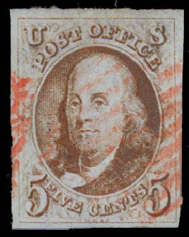 US Stamps Value Scott 1: 5c 1847 Franklin. Daniel Kelleher Auctions, Sep 2013, Sale 639, Lot 3048