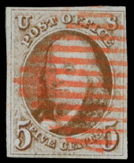 Values of US Stamps Scott Catalogue # 1: 1847 5c Franklin. Daniel Kelleher Auctions, Sep 2013, Sale 639, Lot 3058