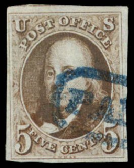 Value of US Stamp Scott #1 - 1847 5c Franklin. Daniel Kelleher Auctions, May 2014, Sale 652, Lot 28
