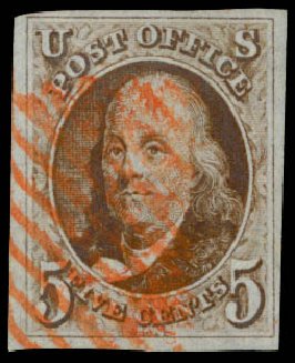 US Stamps Prices Scott Catalogue 1 - 1847 5c Franklin. Daniel Kelleher Auctions, Sep 2014, Sale 655, Lot 128