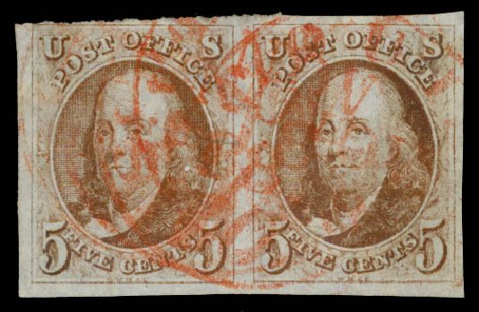 US Stamp Prices Scott Catalog #1: 5c 1847 Franklin. Daniel Kelleher Auctions, Aug 2015, Sale 672, Lot 2088