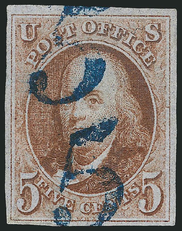 US Stamps Value Scott Catalog 1: 1847 5c Franklin. Robert Siegel Auction Galleries, Dec 2011, Sale 1017, Lot 48