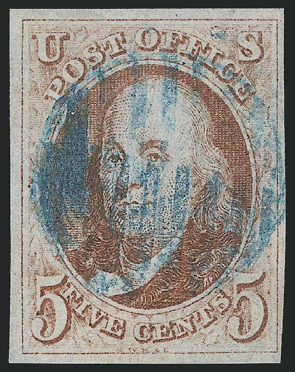 Price of US Stamps Scott Catalogue 1: 1847 5c Franklin. Robert Siegel Auction Galleries, Dec 2011, Sale 1017, Lot 58