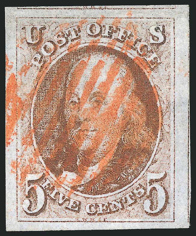 Cost of US Stamps Scott Catalogue #1: 5c 1847 Franklin. Robert Siegel Auction Galleries, Apr 2012, Sale 1023, Lot 2118