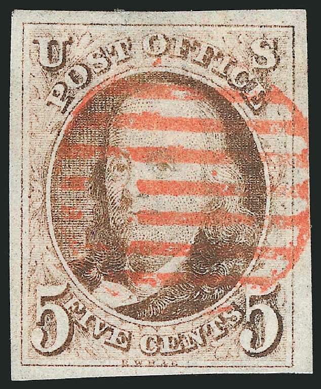 US Stamp Price Scott # 1 - 1847 5c Franklin. Robert Siegel Auction Galleries, Dec 2012, Sale 1037, Lot 1358