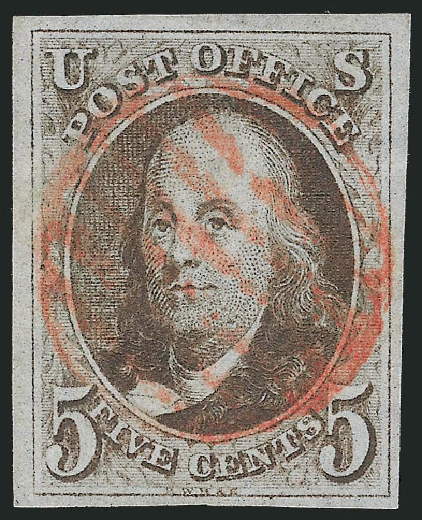 Cost of US Stamps Scott Cat. 1 - 1847 5c Franklin. Robert Siegel Auction Galleries, Mar 2013, Sale 1040, Lot 1158