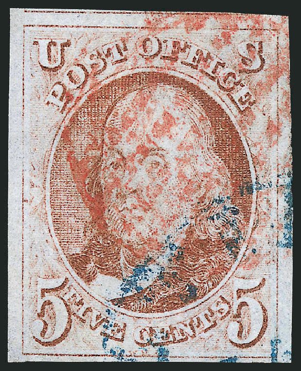 US Stamp Values Scott Cat. #1 - 1847 5c Franklin. Robert Siegel Auction Galleries, Dec 2013, Sale 1062, Lot 48