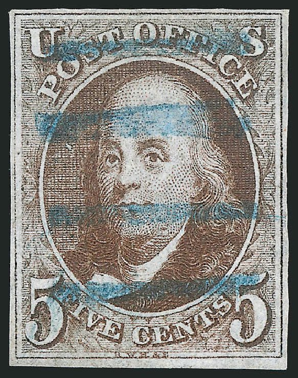 Cost of US Stamps Scott Catalog 1 - 1847 5c Franklin. Robert Siegel Auction Galleries, Jul 2015, Sale 1107, Lot 18
