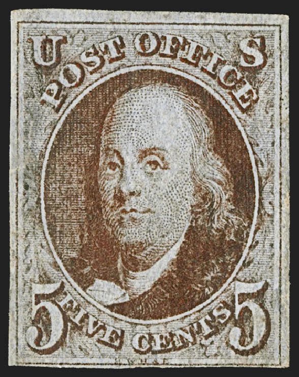 Price of US Stamps Scott #1: 1847 5c Franklin. Robert Siegel Auction Galleries, Jul 2015, Sale 1107, Lot 28