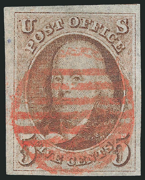 Cost of US Stamp Scott Catalog 1 - 5c 1847 Franklin. Robert Siegel Auction Galleries, Sep 2010, Sale 993, Lot 48