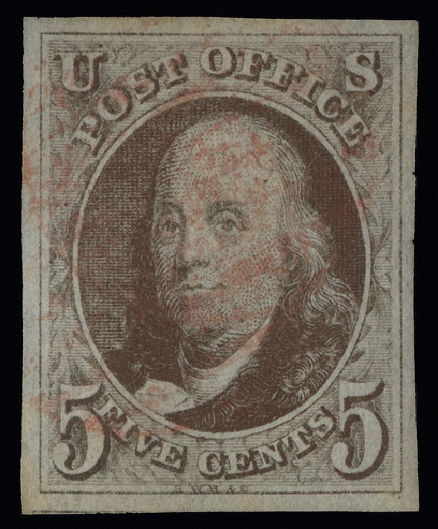 Price of US Stamps Scott 1 - 1847 5c Franklin. Spink Shreves Galleries, Aug 2013, Sale 144, Lot 108