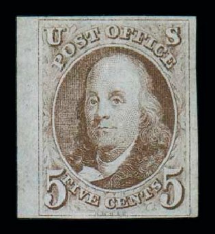 Cost of US Stamp Scott # 1 - 1847 5c Franklin. Matthew Bennett International, Oct 2007, Sale 320, Lot 359
