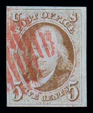Value of US Stamps Scott #1: 5c 1847 Franklin. Matthew Bennett International, Dec 2007, Sale 323, Lot 19