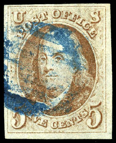 Costs of US Stamp Scott Cat. #1 - 1847 5c Franklin. Matthew Bennett International, Jun 2008, Sale 328, Lot 439