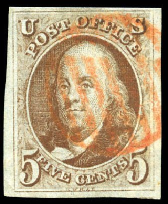 US Stamp Value Scott Cat. #1: 1847 5c Franklin. Matthew Bennett International, Dec 2008, Sale 330, Lot 1329