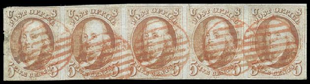 Values of US Stamp Scott Catalogue #1: 1847 5c Franklin. Matthew Bennett International, Sep 2010, Sale 333, Lot 3249