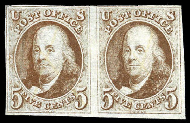Value of US Stamps Scott Catalog #1: 5c 1847 Franklin. Matthew Bennett International, Mar 2011, Sale 337, Lot 2429