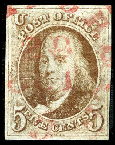 Price of US Stamp Scott 1: 5c 1847 Franklin. Matthew Bennett International, Feb 2012, Sale 340, Lot 39