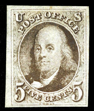 Prices of US Stamp Scott Catalog 1: 1847 5c Franklin. Matthew Bennett International, Mar 2012, Sale 344, Lot 4169