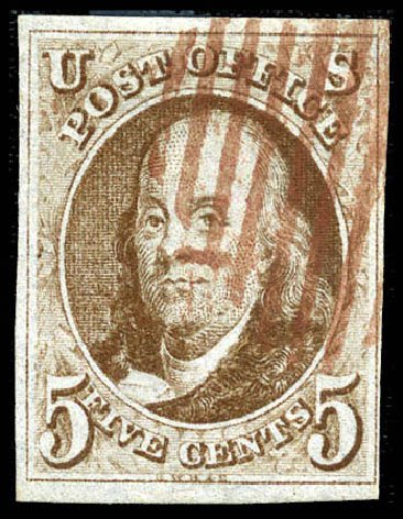 US Stamp Prices Scott Catalog 1 - 5c 1847 Franklin. Matthew Bennett International, Mar 2012, Sale 344, Lot 4179