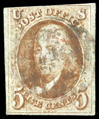 Value of US Stamps Scott Catalogue #1: 1847 5c Franklin. Matthew Bennett International, Feb 2015, Sale 351, Lot 9