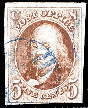 Price of US Stamps Scott Cat. #1 - 5c 1847 Franklin. Cherrystone Auctions, Apr 2012, Sale 201204, Lot 9